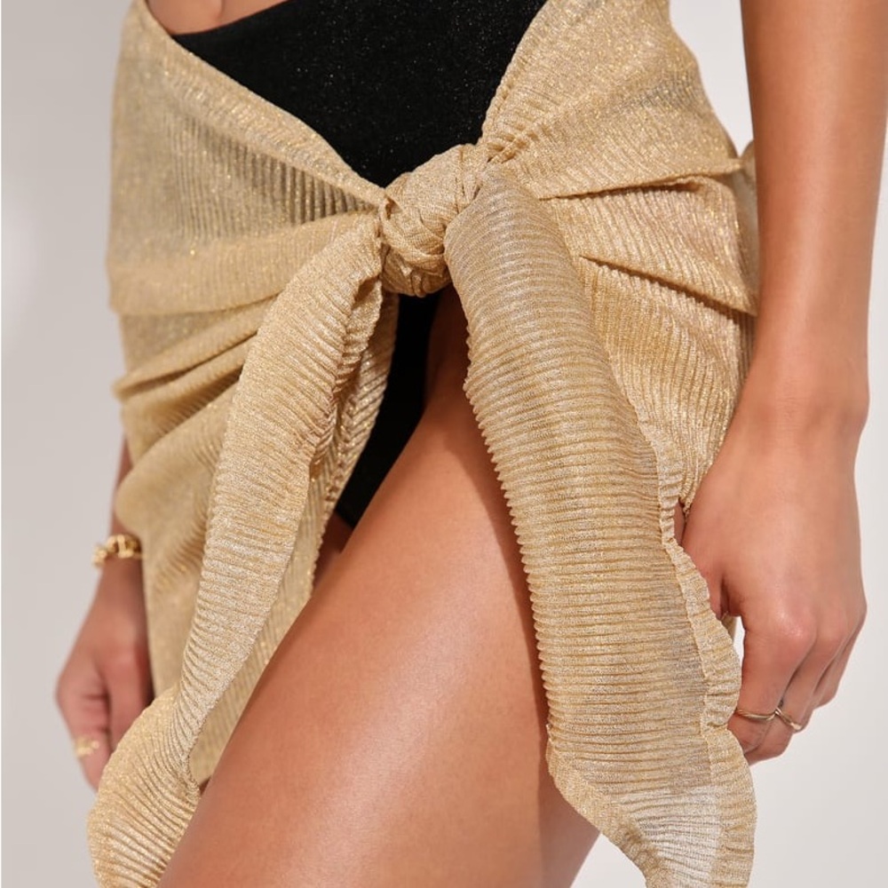 Gold Pleated Lurex Sarong Swim Cover-Up